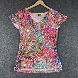 Lauren Ralph Lauren Blouse Womens Large Paisley Short Sleeve Colorful Jersey